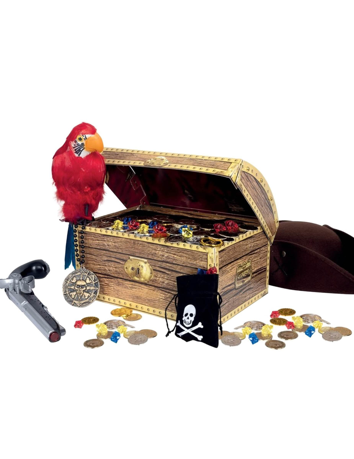 Escena de la bolsa de pirata con falsas piedras preciosas en una decoración de tesoro