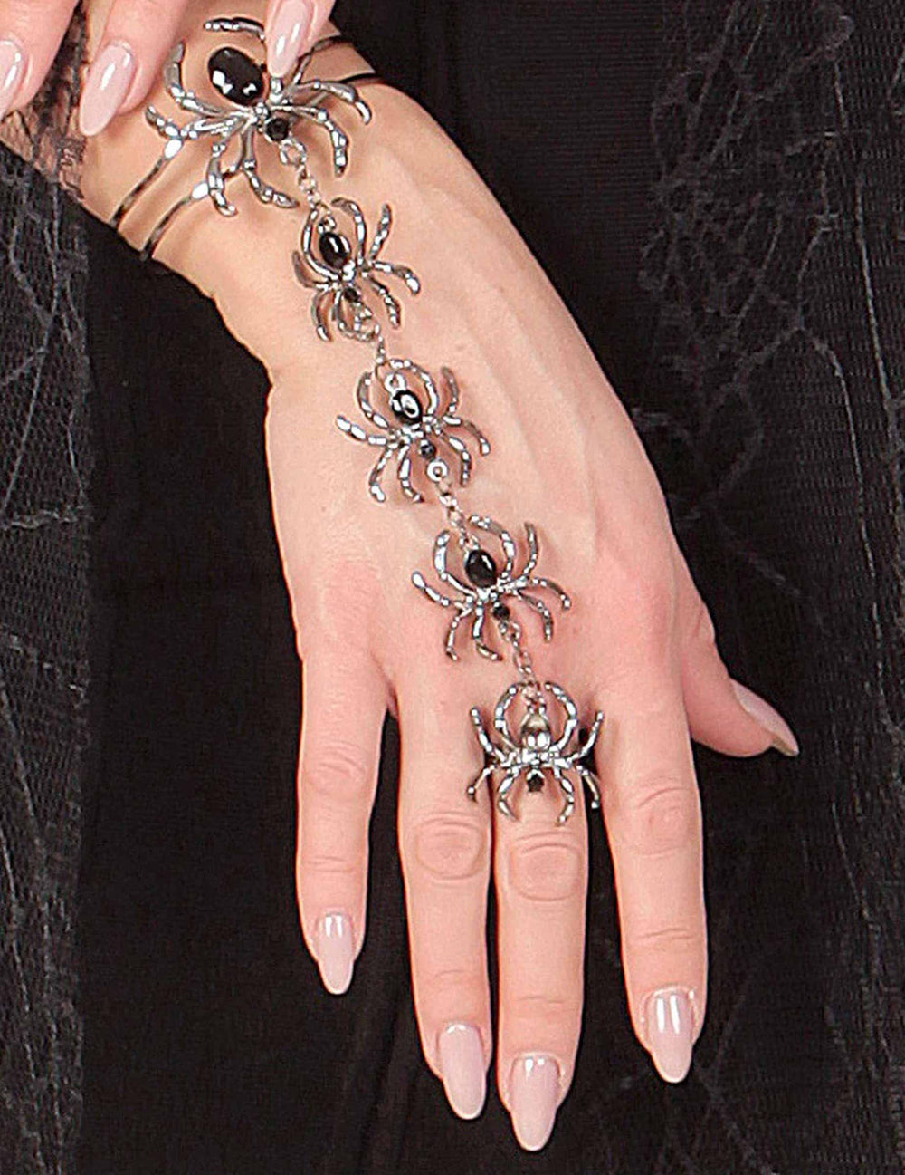 Bracelet et bague araignées Halloween pour femme argenté et noir