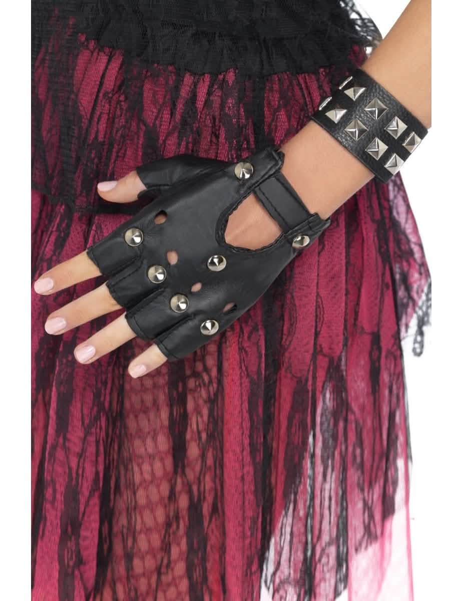 Pulsera punk para adulto negro con tachuelas piramidales plateadas