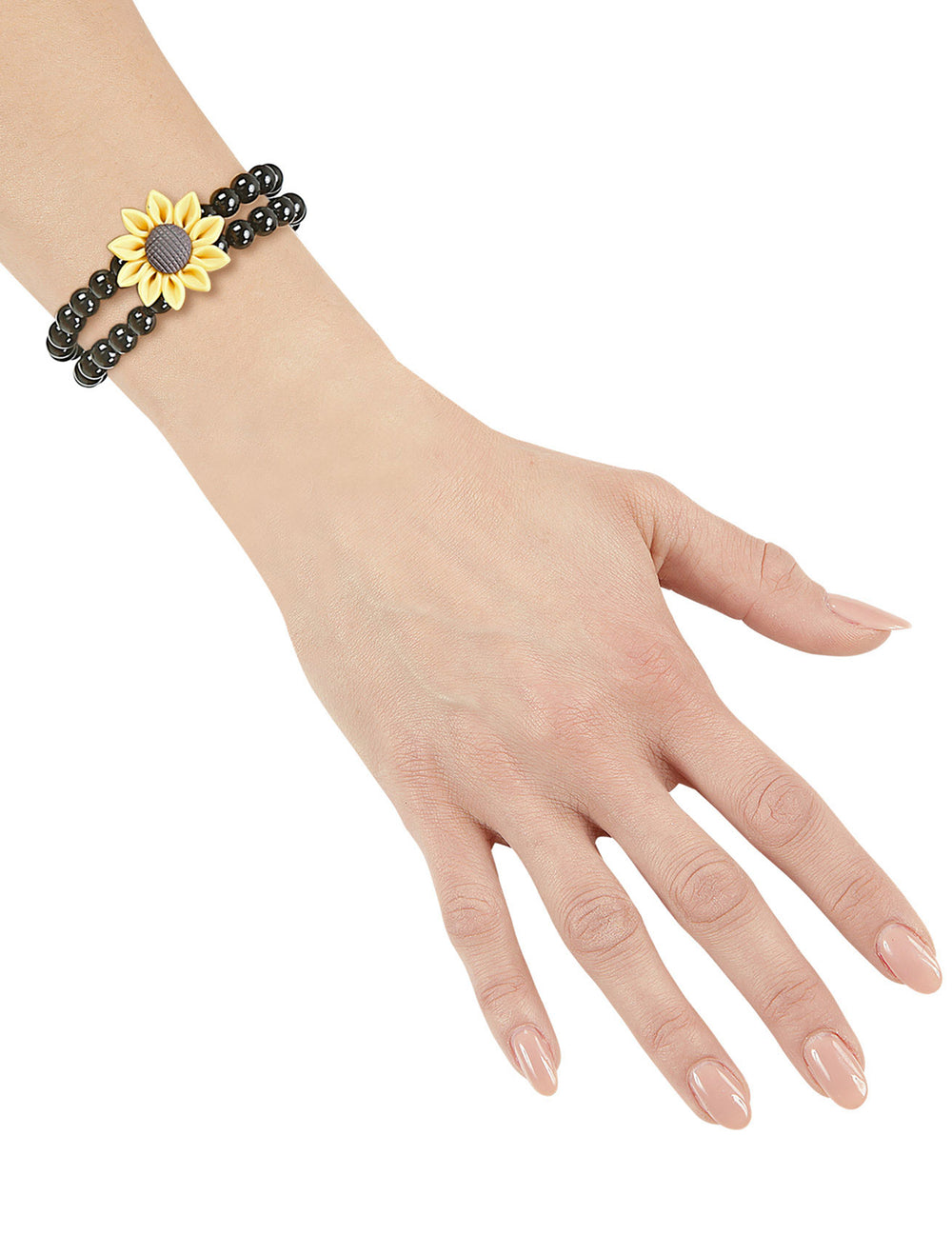 Vue portée au poignet du bracelet perles tournesol hippie