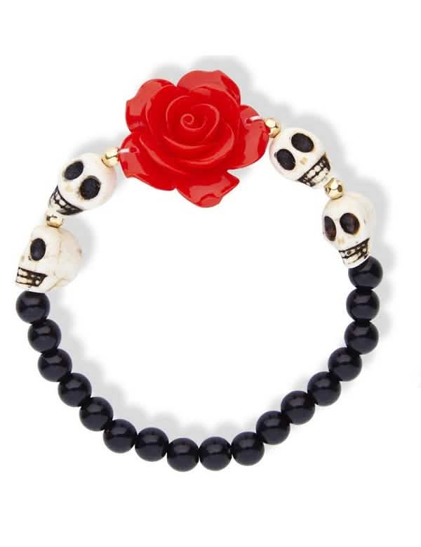 Pulsera esqueletos y rosa rojo para adulto negro y rojo con perlas cabezas de muerto