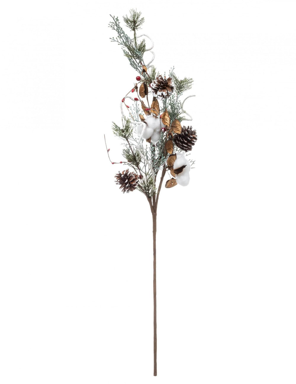 Rama natural con piñas y algodón para decoración de navidad marrón blanco y dorado