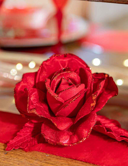 Rama de rosa de terciopelo con purpurina roja 21 cm