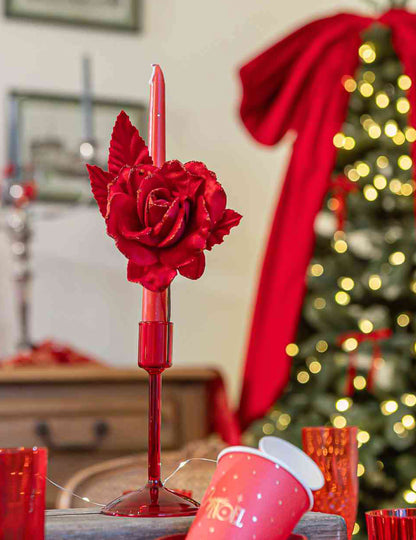 Rama de rosa de terciopelo con purpurina roja 21 cm