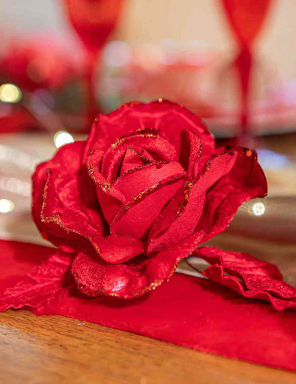 Rama de rosa de terciopelo con purpurina roja 21 cm