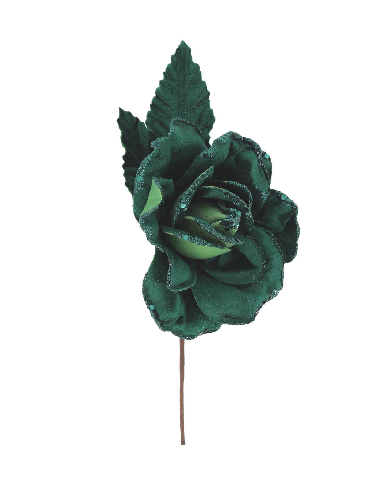 Rama de rosa de terciopelo con purpurina verde oscuro 21 cm