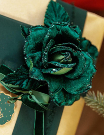 Rama de rosa de terciopelo con purpurina verde oscuro 21 cm