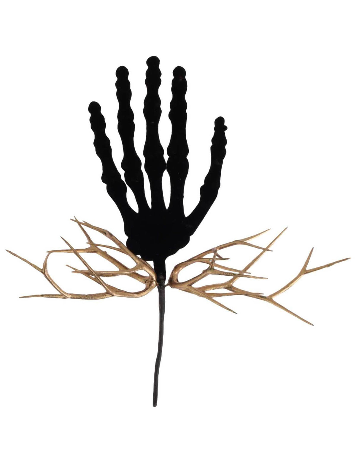 Rama de mano de esqueleto y follaje de terciopelo negro y dorado 22 cm