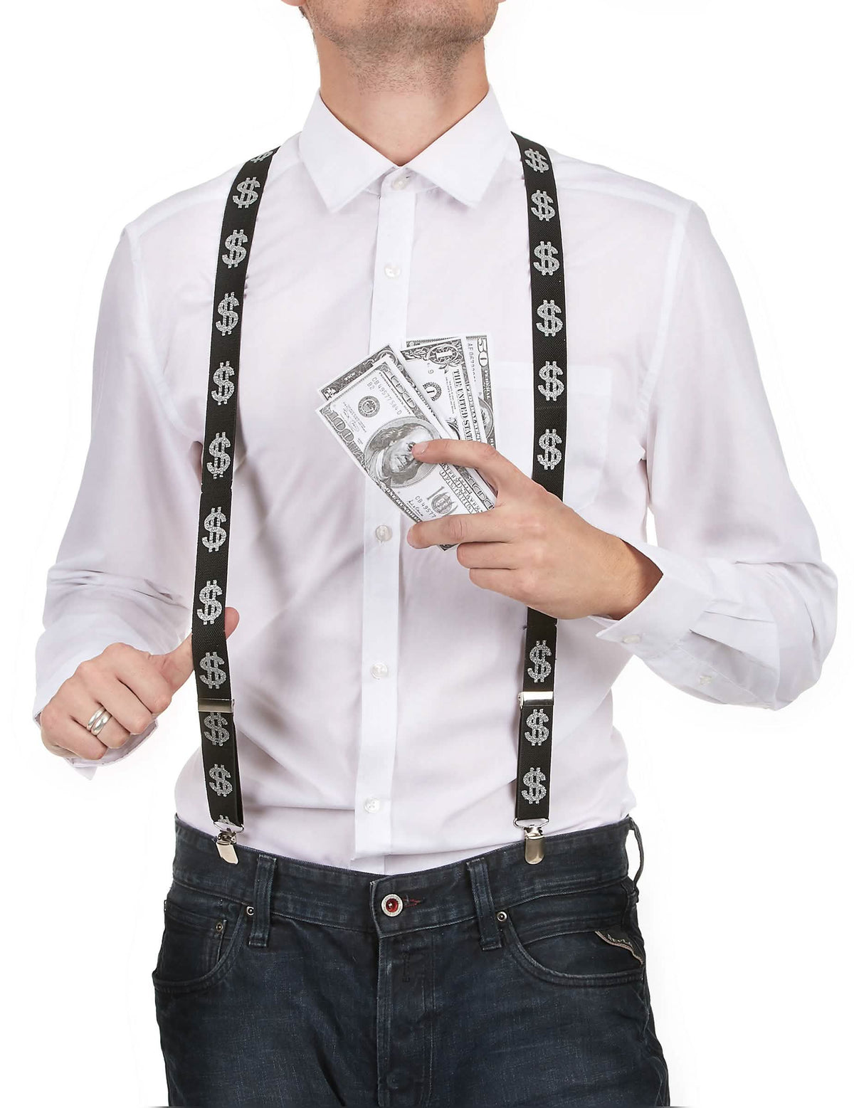 Bretelles dollar pour adulte noires à motifs signes dollar