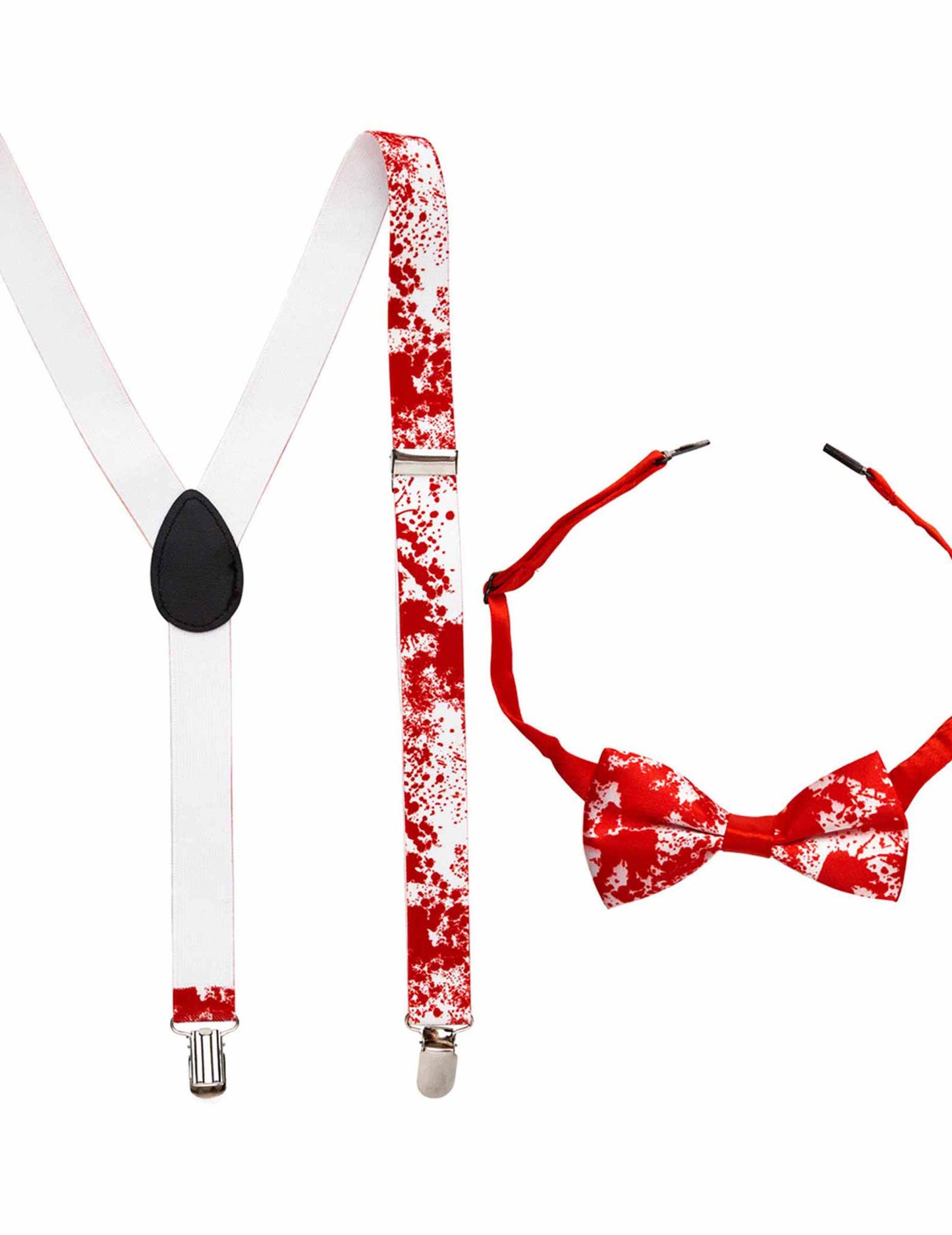 Bretelles et nœud papillon ensanglantés Halloween pour adulte blanc avec taches rouges