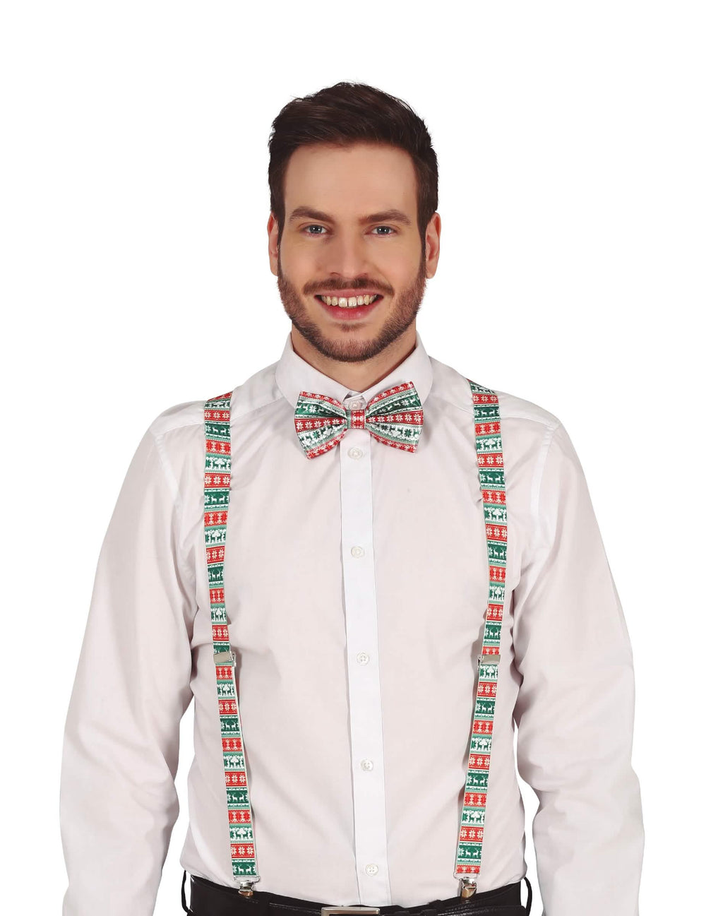 Bretelles motifs de Noël pour adulte rouge et vert avec nœud papillon