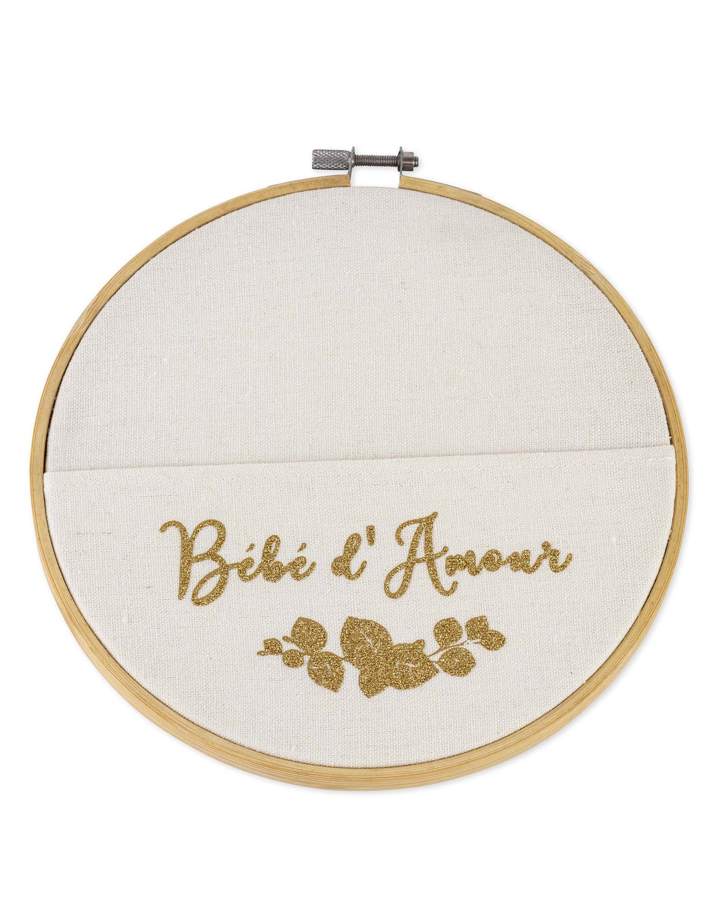 Cadre pochette bébé d'amour pour bébé doré pailleté en bois et lin