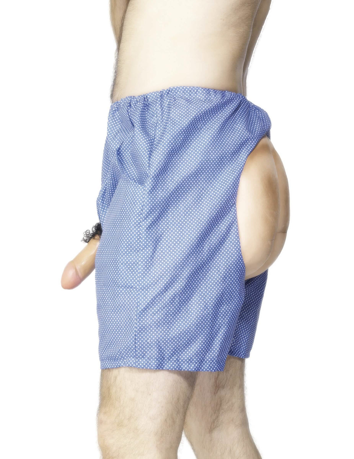 Caleçon humoristique pour adulte bleu à pois blancs avec fesses et membre factices