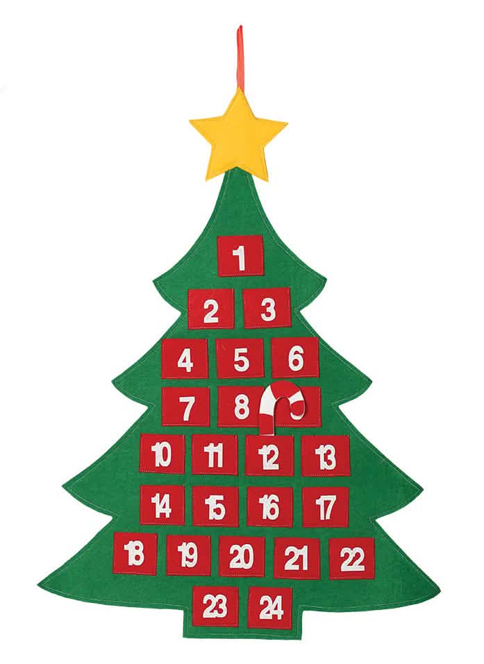 Calendrier de l'avent sapin de Noël vert et rouge en tissu avec étoile jaune