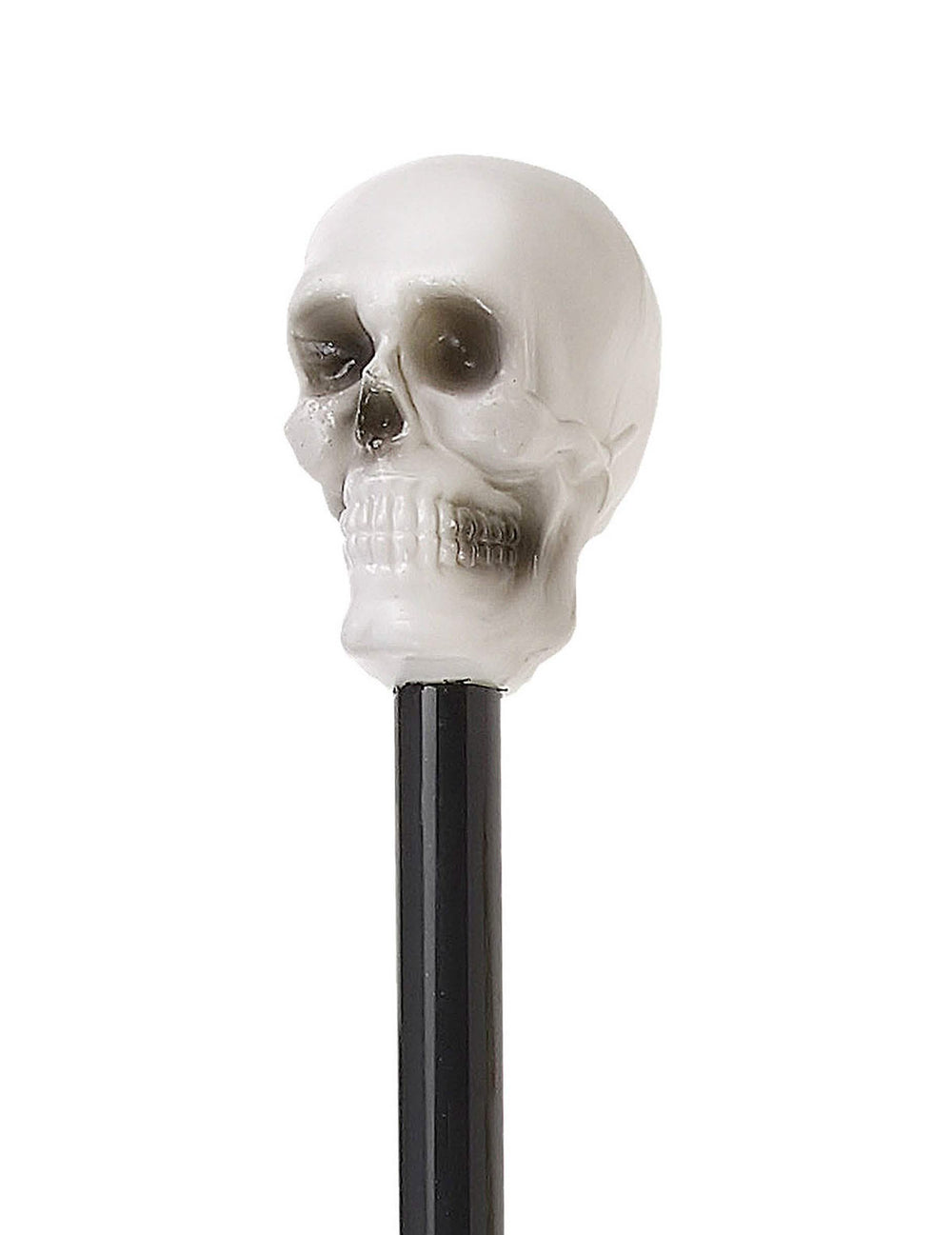 Vista de perfil del pomo de calavera del bastón esqueleto