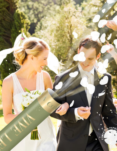 Cañón de confeti de papel corazones blancos 40 cm "Vivan los novios"