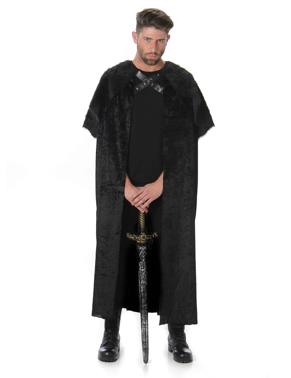 Capa con pelaje medieval para hombre negra con cuello de piel sintética