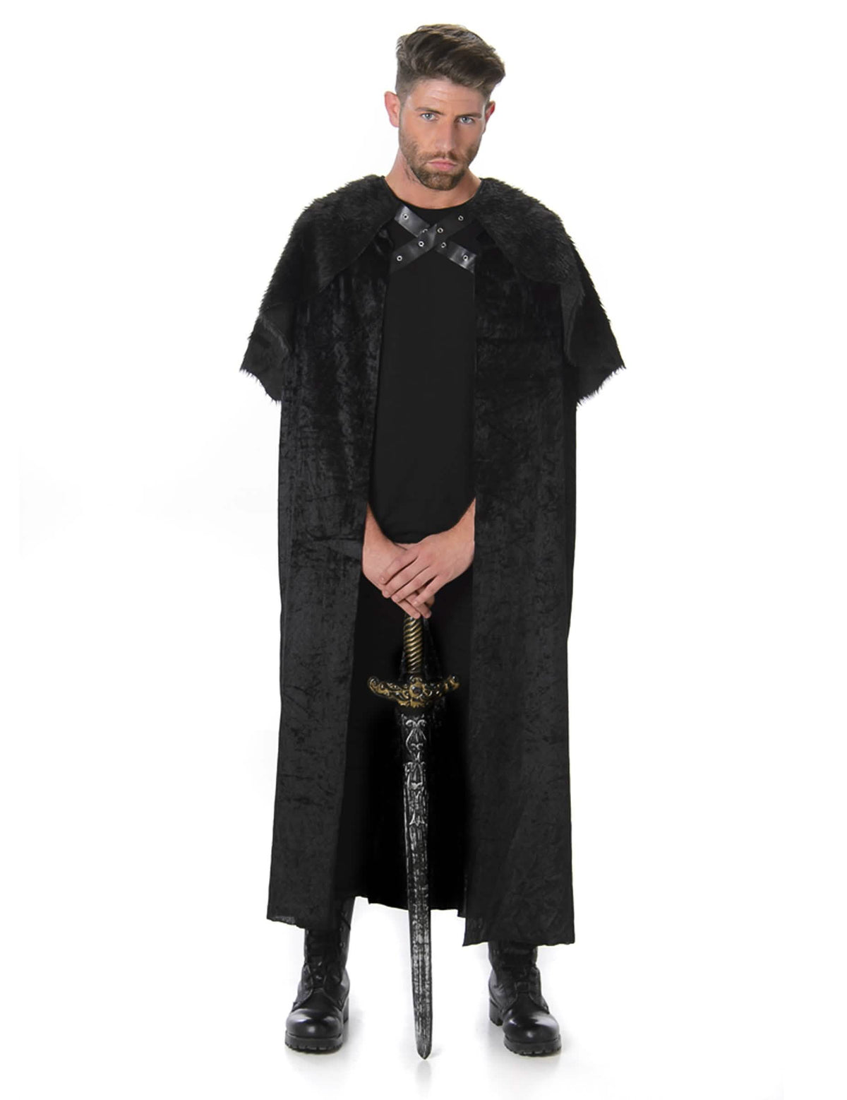 Capa con pelaje medieval para hombre negra con cuello de piel sintética