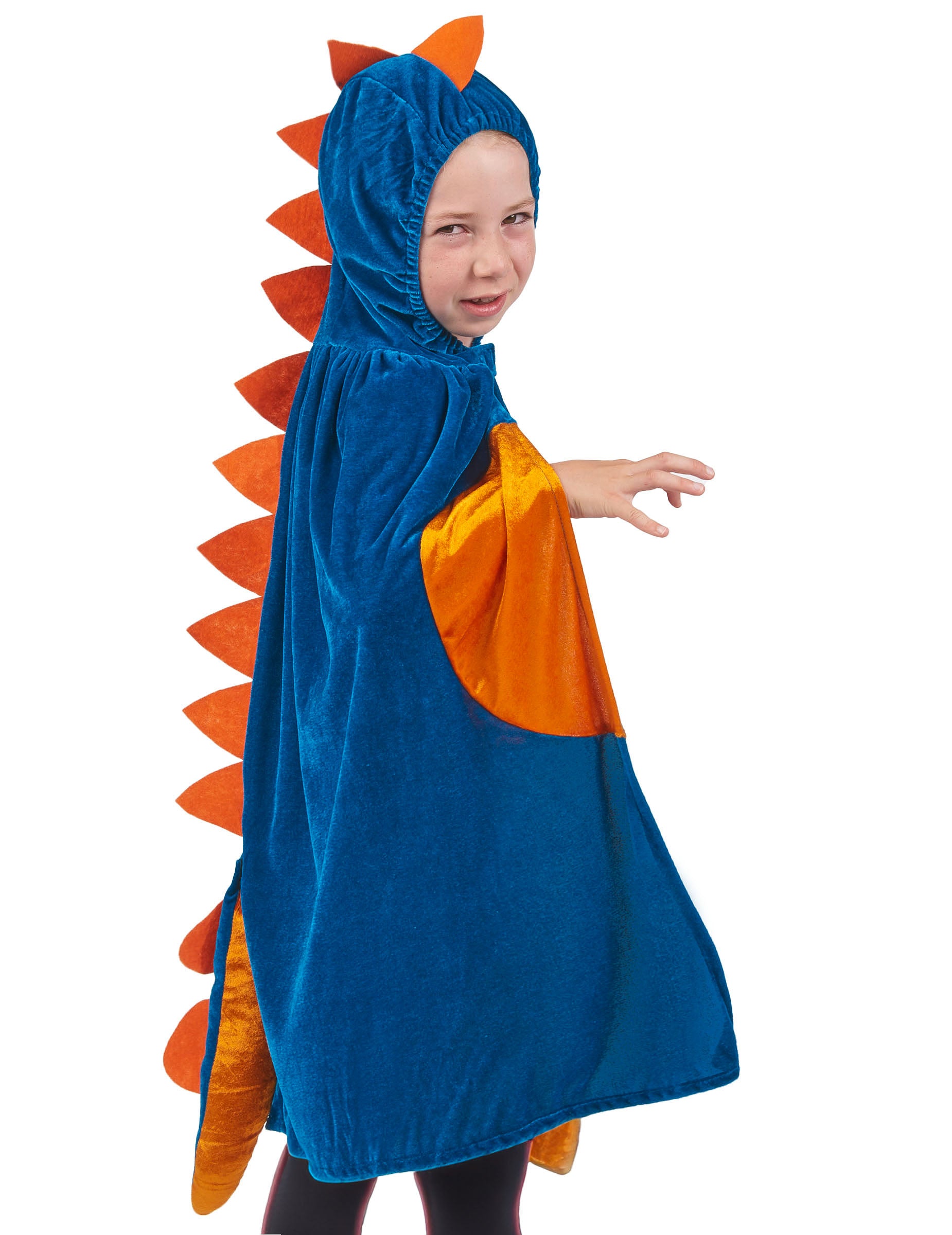 Vue de profil et de dos de la cape dinosaure pour enfant