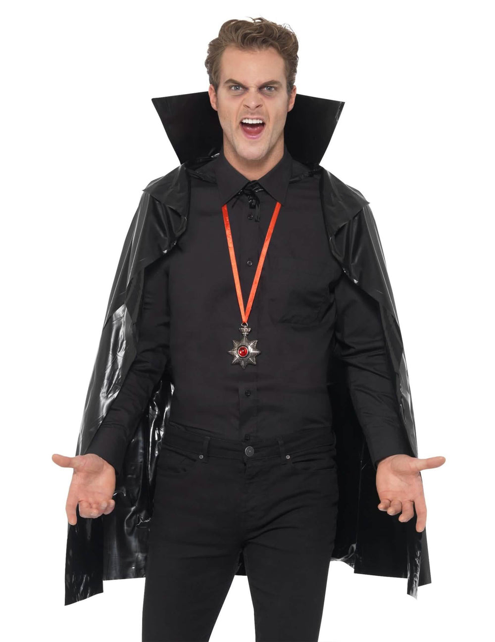 Cape de vampire Halloween pour adulte noire avec col montant et médaillon