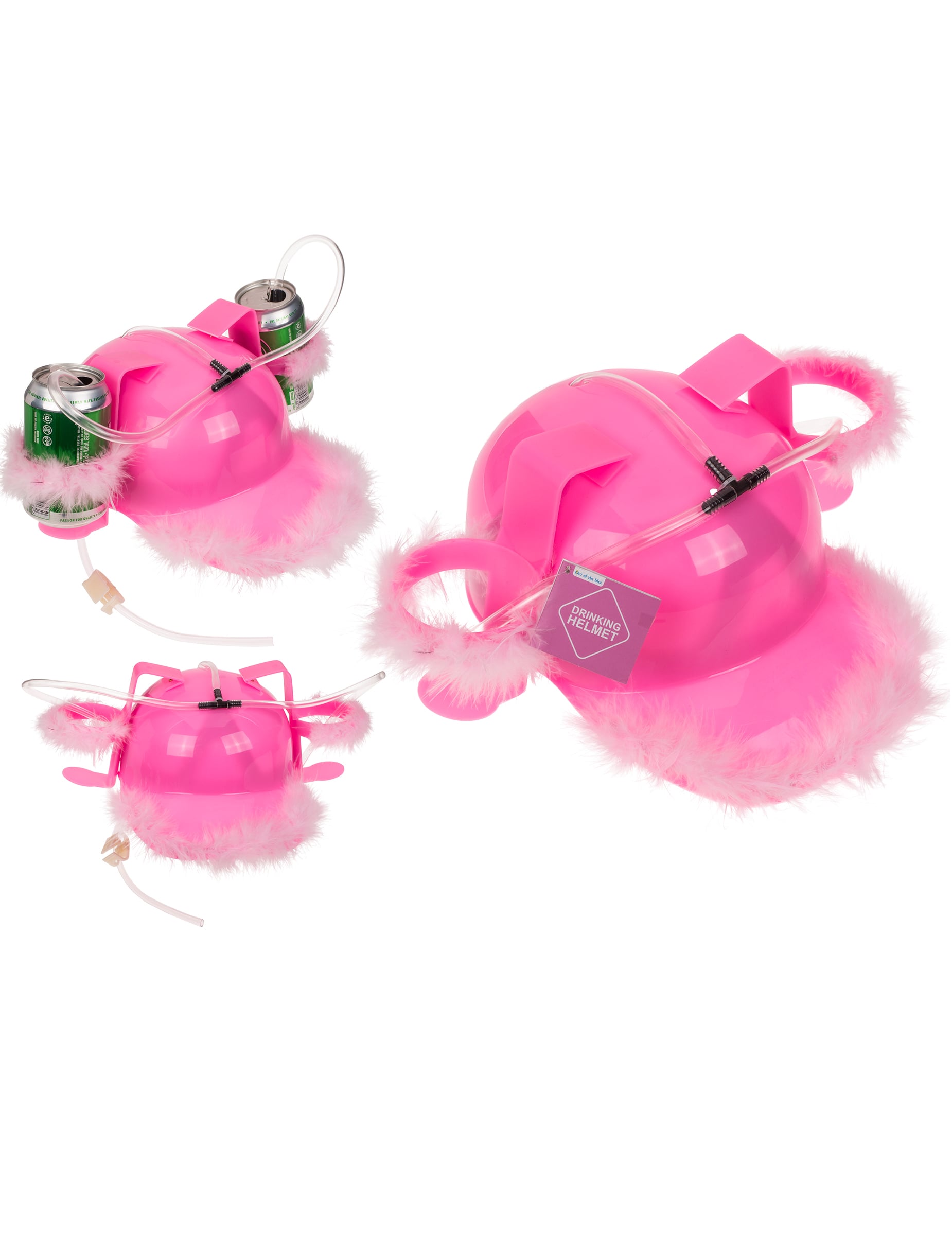 Vues de profil et de dos avec canettes du casque anti soif rose à plumettes