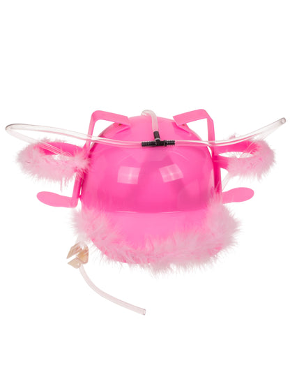 Vue de dos montrant le système de tuyaux du casque anti soif rose à plumettes