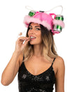 Casque anti-soif rose à plumettes pour femme avec porte-cannettes et pailles