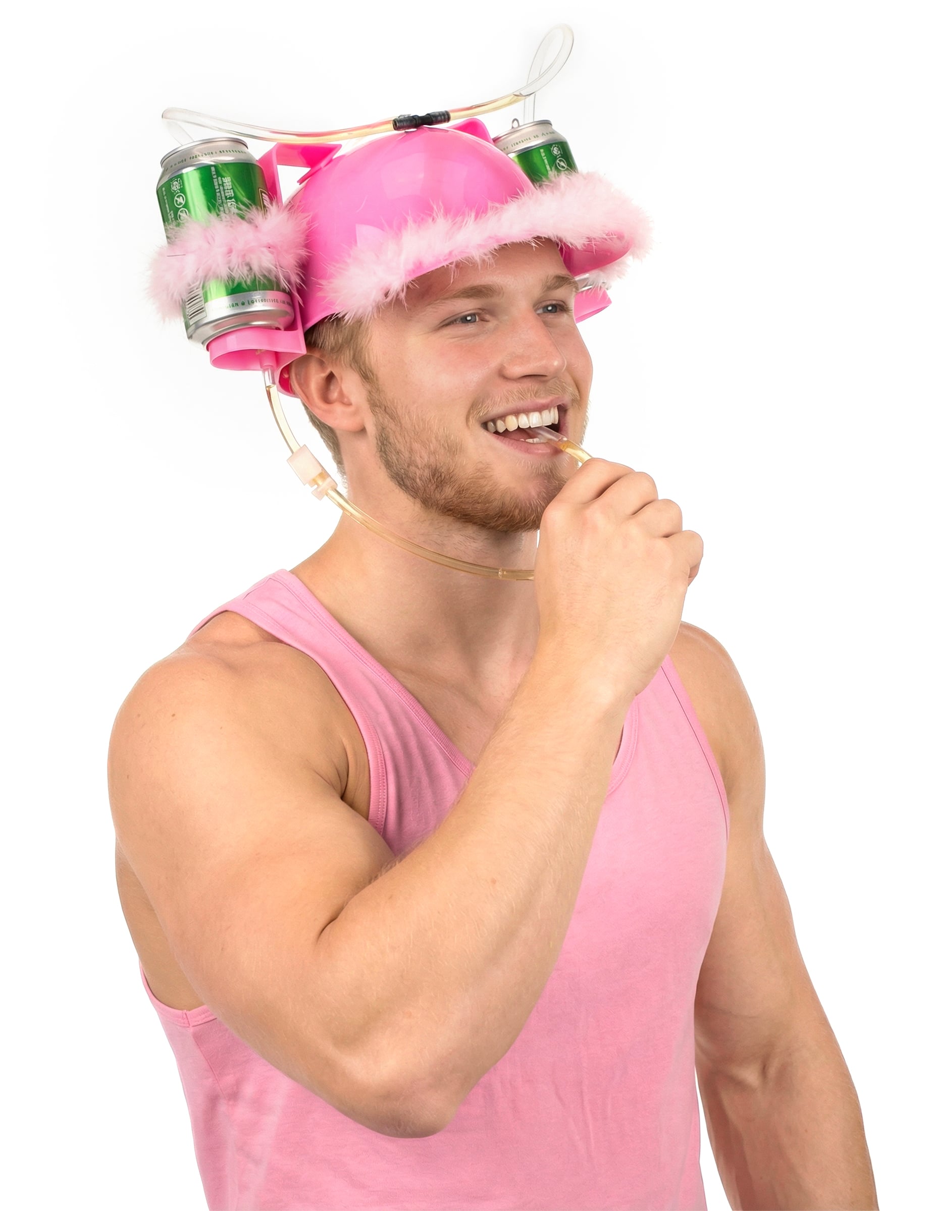 Vue de profil du casque anti-soif rose à plumettes