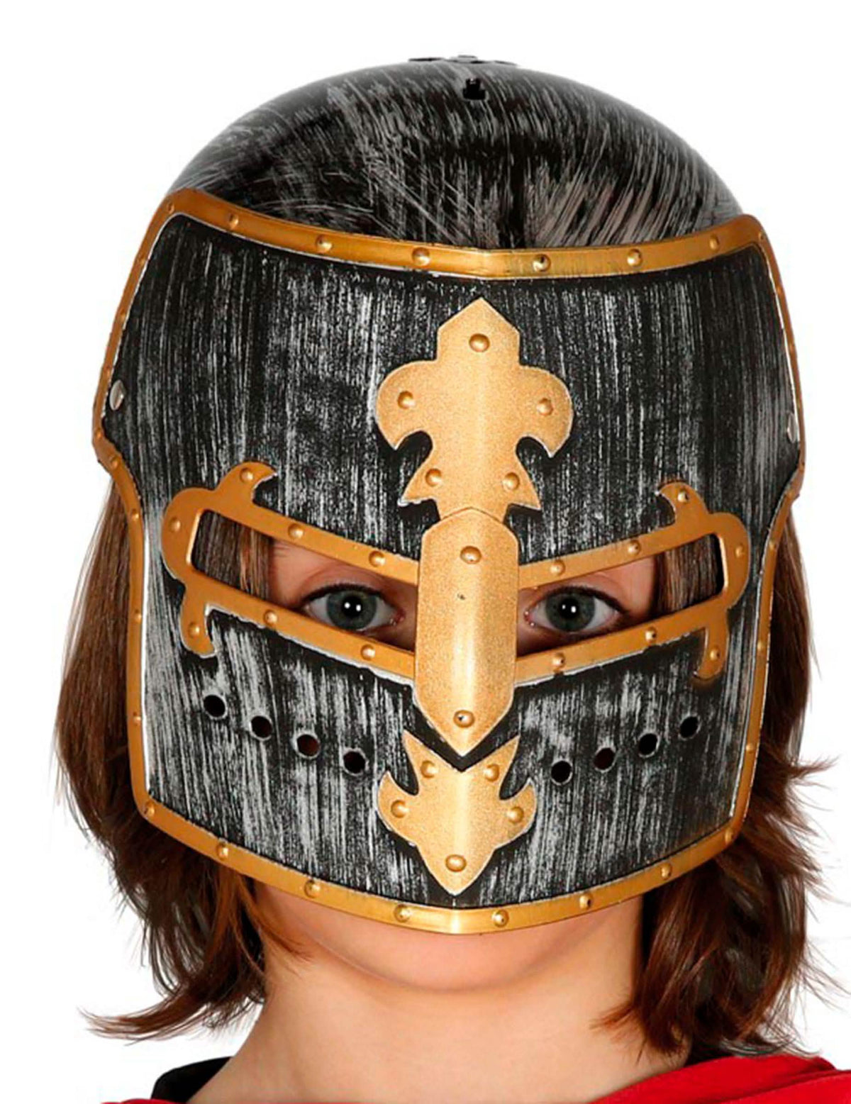 Vista frontal del casco de caballero medieval para niño