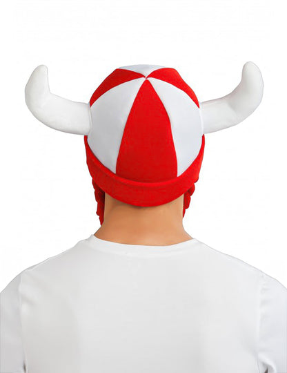 Casco de tela con cuernos y trenzas para aficionado blanco y rojo