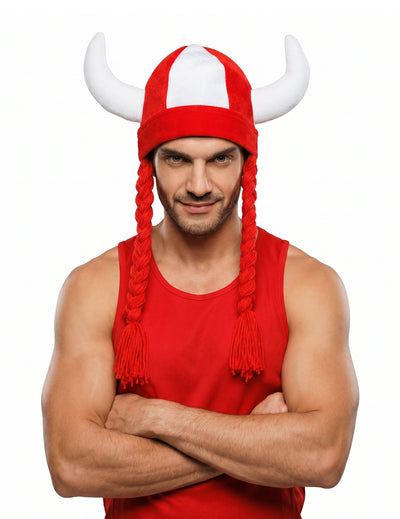 Casco de tela con cuernos y trenzas para aficionado blanco y rojo
