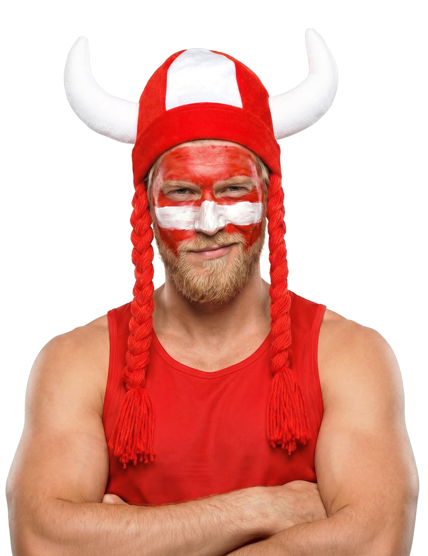 Casco de tela con cuernos y trenzas para aficionado blanco y rojo