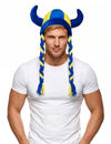 Casco de tela con cuernos y trenzas de aficionado azul y amarillo Suecia