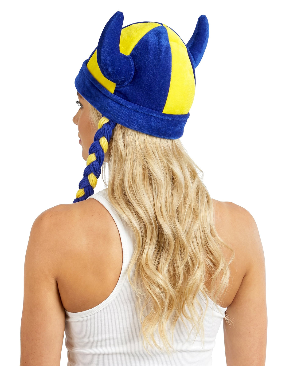 Casco de tela con cuernos y trenzas de hincha azul y amarillo Suecia