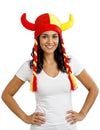 Casco de tela con cuernos y trenzas de aficionado rojo y amarillo España