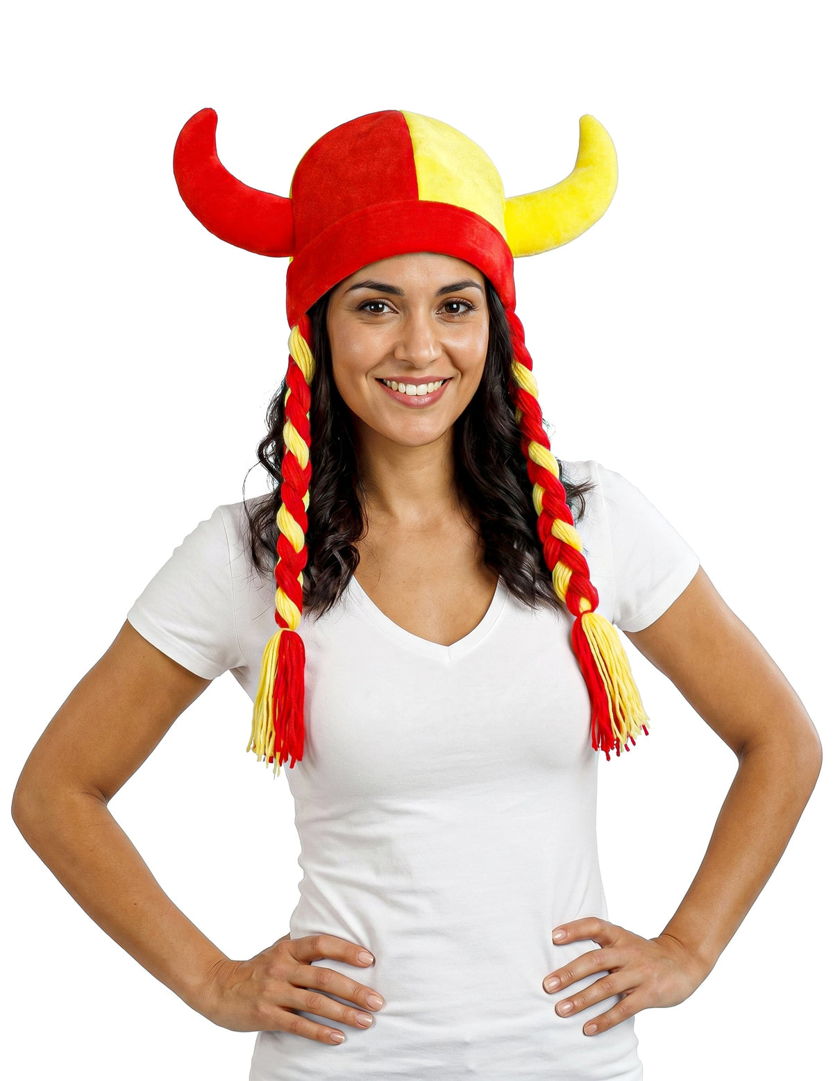Casco de tela con cuernos y trenzas de hincha rojo y amarillo España
