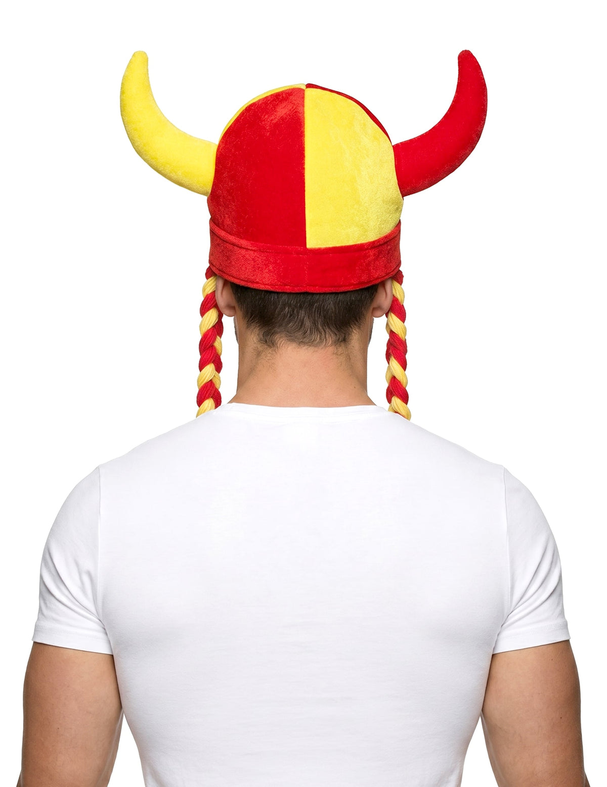 Casco de tela con cuernos y trenzas de hincha rojo y amarillo España