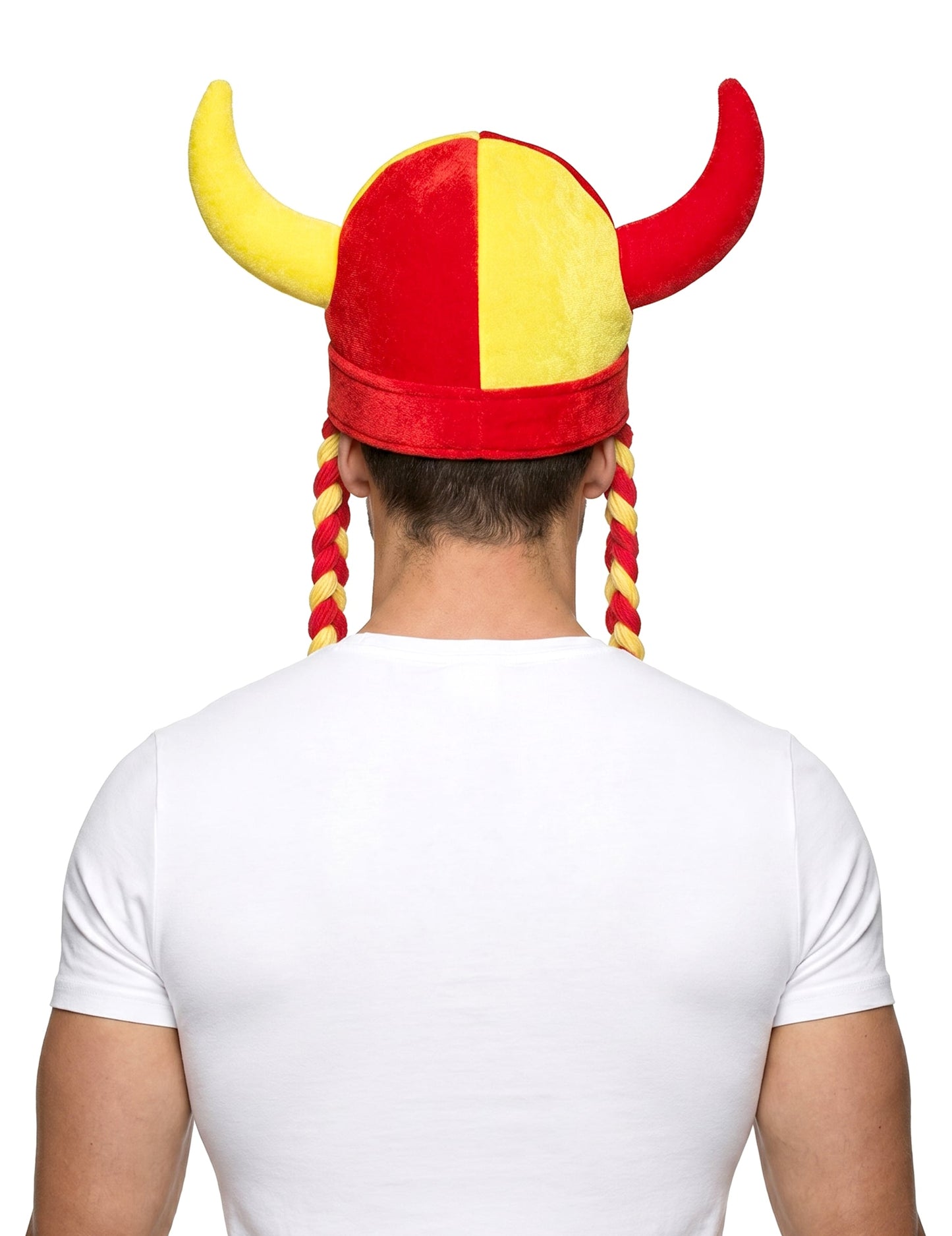 Casco de tela con cuernos y trenzas de aficionado rojo y amarillo España