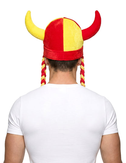 Casco de tela con cuernos y trenzas de aficionado rojo y amarillo España