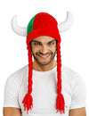 Casco de tela con cuernos y trenzas de aficionado rojo y verde Portugal