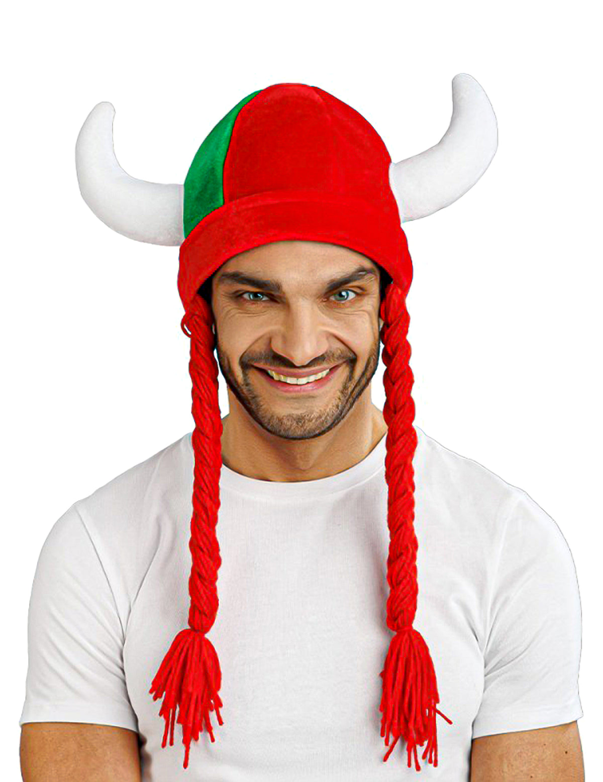 Casco de tela con cuernos y trenzas hincha rojo y verde Portugal