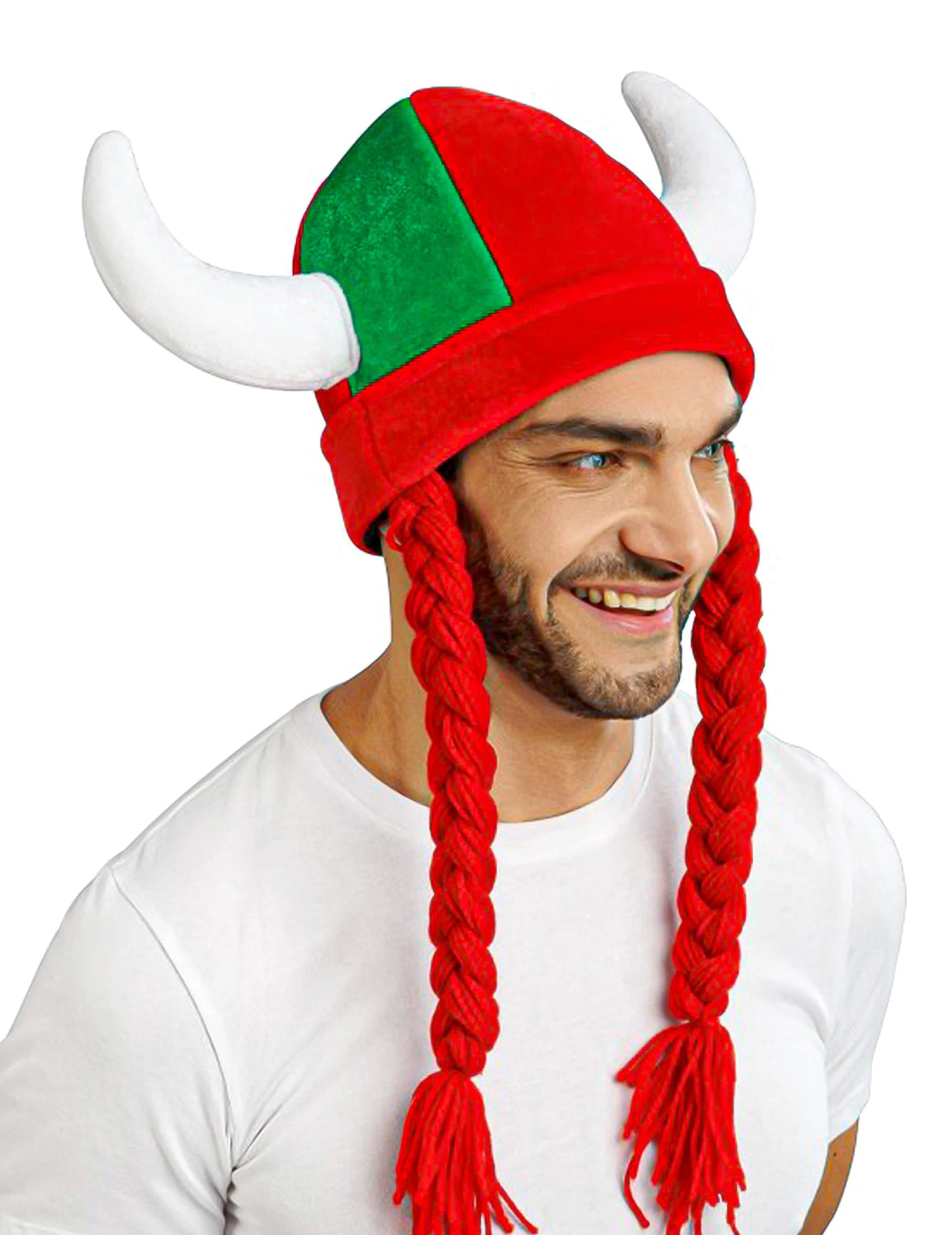 Casque en tissu avec cornes et tresses supporter rouge et vert Portugal