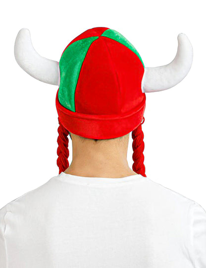 Casque en tissu avec cornes et tresses supporter rouge et vert Portugal