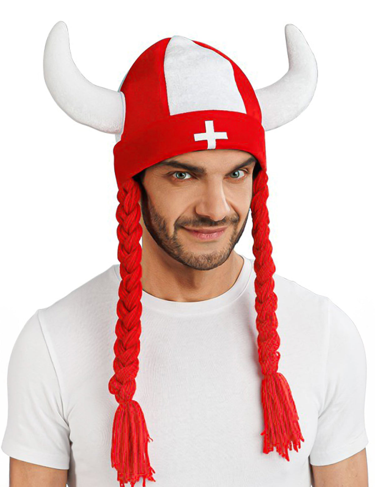 Casco de tela con cuernos y trenzas de hincha de Suiza
