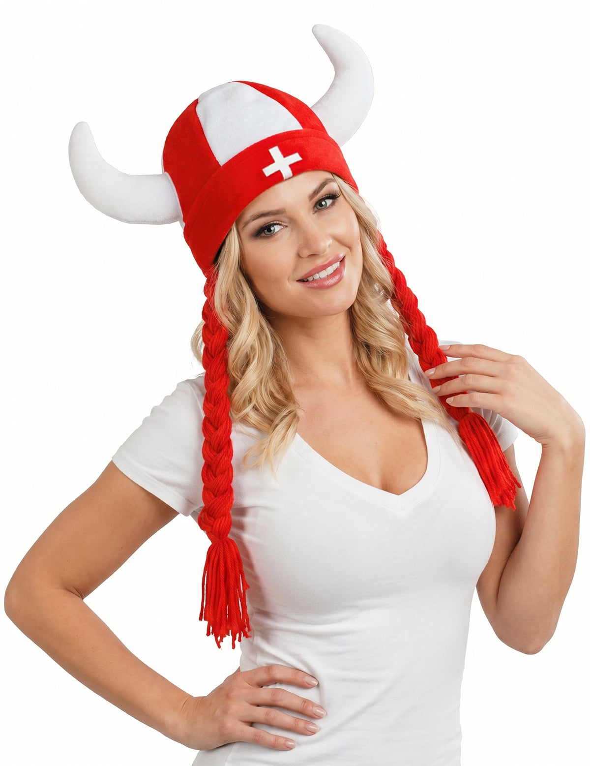 Casco de tela con cuernos y trenzas de hincha de Suiza