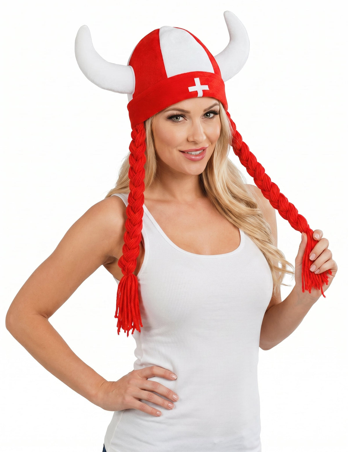 Casco de tela con cuernos y trenzas de hincha de Suiza