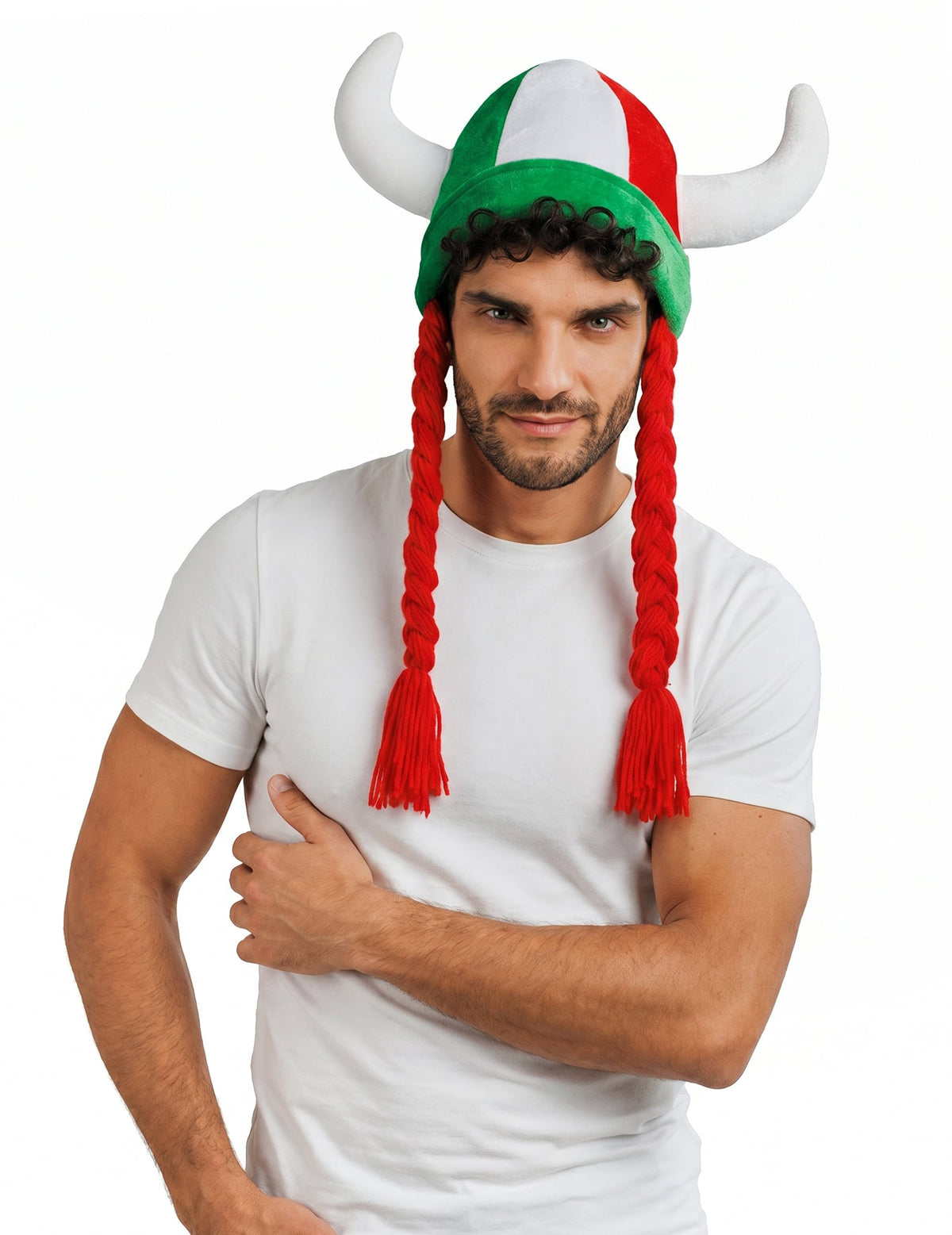 Casco de tela con cuernos y trenzas de hincha verde blanco rojo Italia