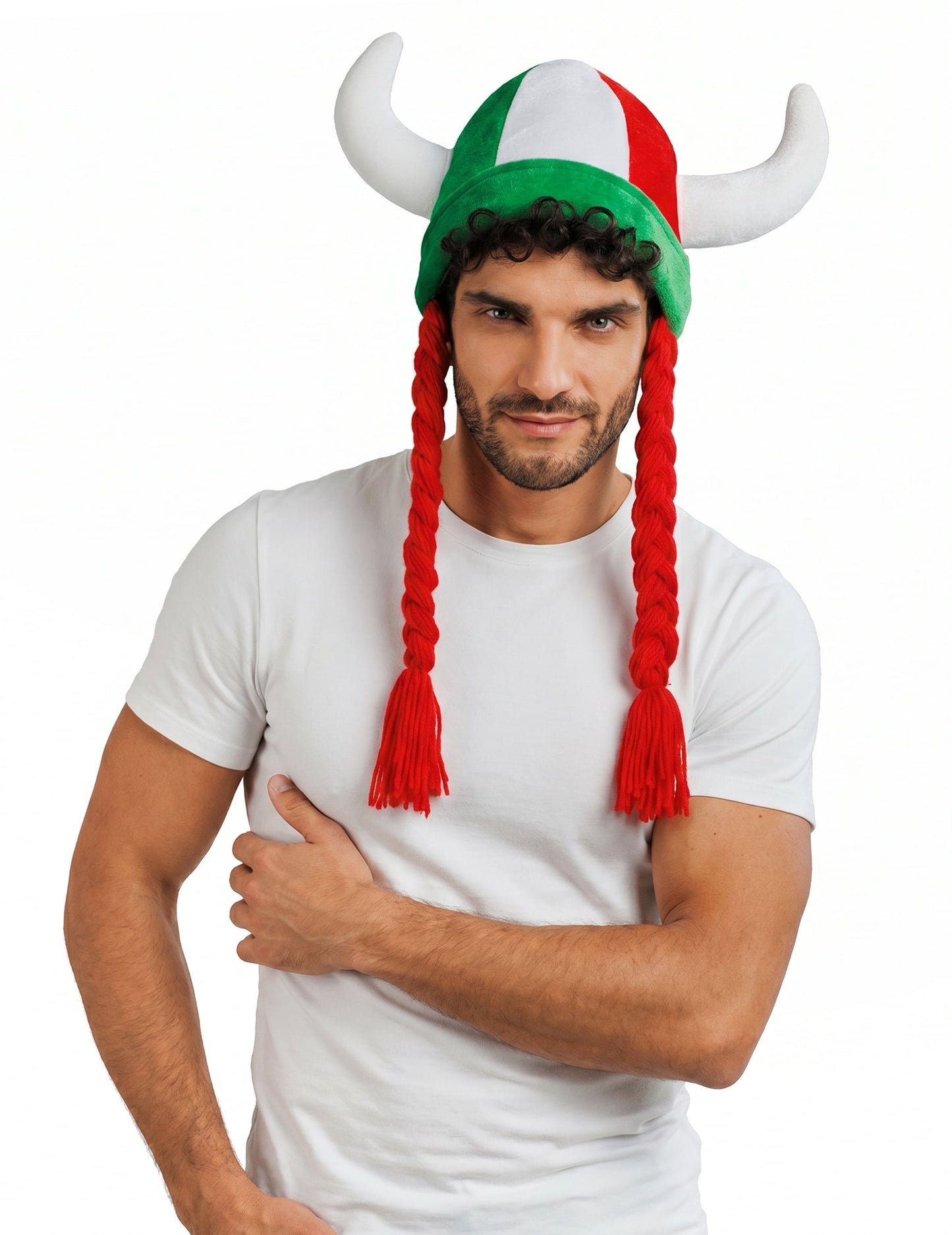 Casco de tela con cuernos y trenzas de aficionado verde blanco rojo Italia
