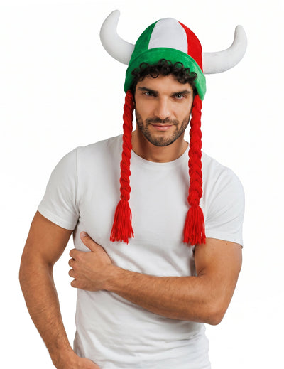Casco de tela con cuernos y trenzas de aficionado verde blanco rojo Italia