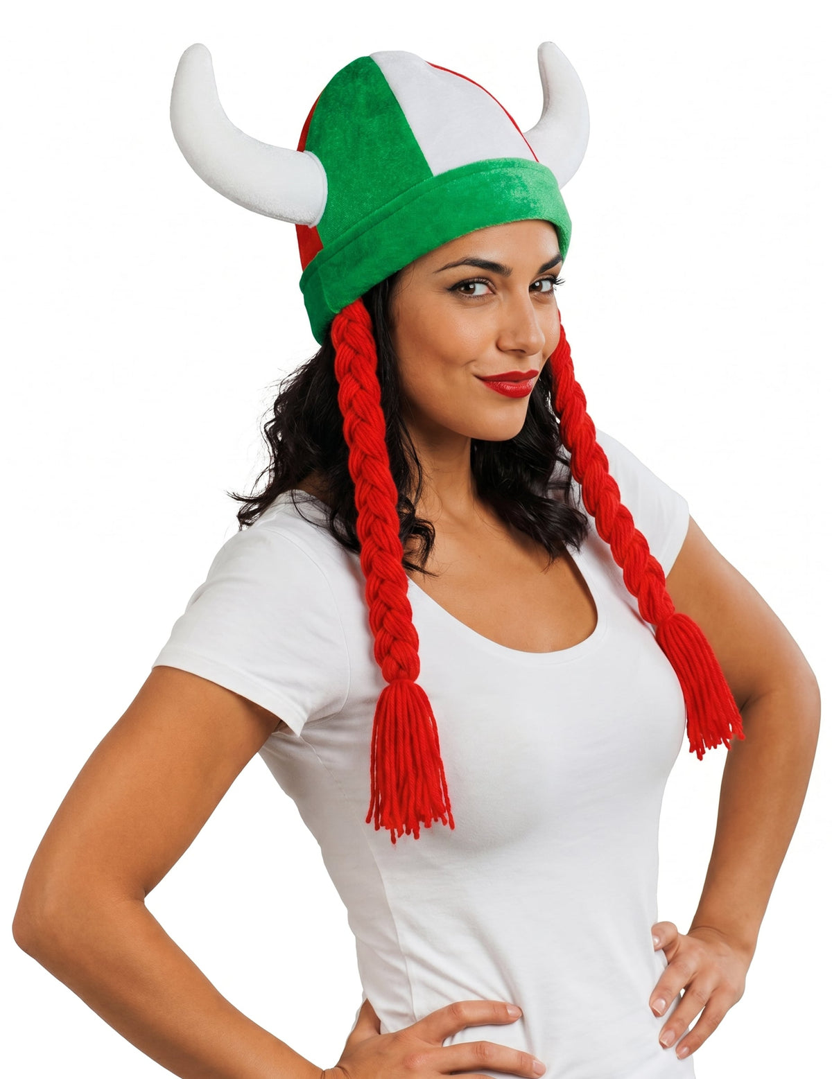Casco de tela con cuernos y trenzas de hincha verde blanco rojo Italia